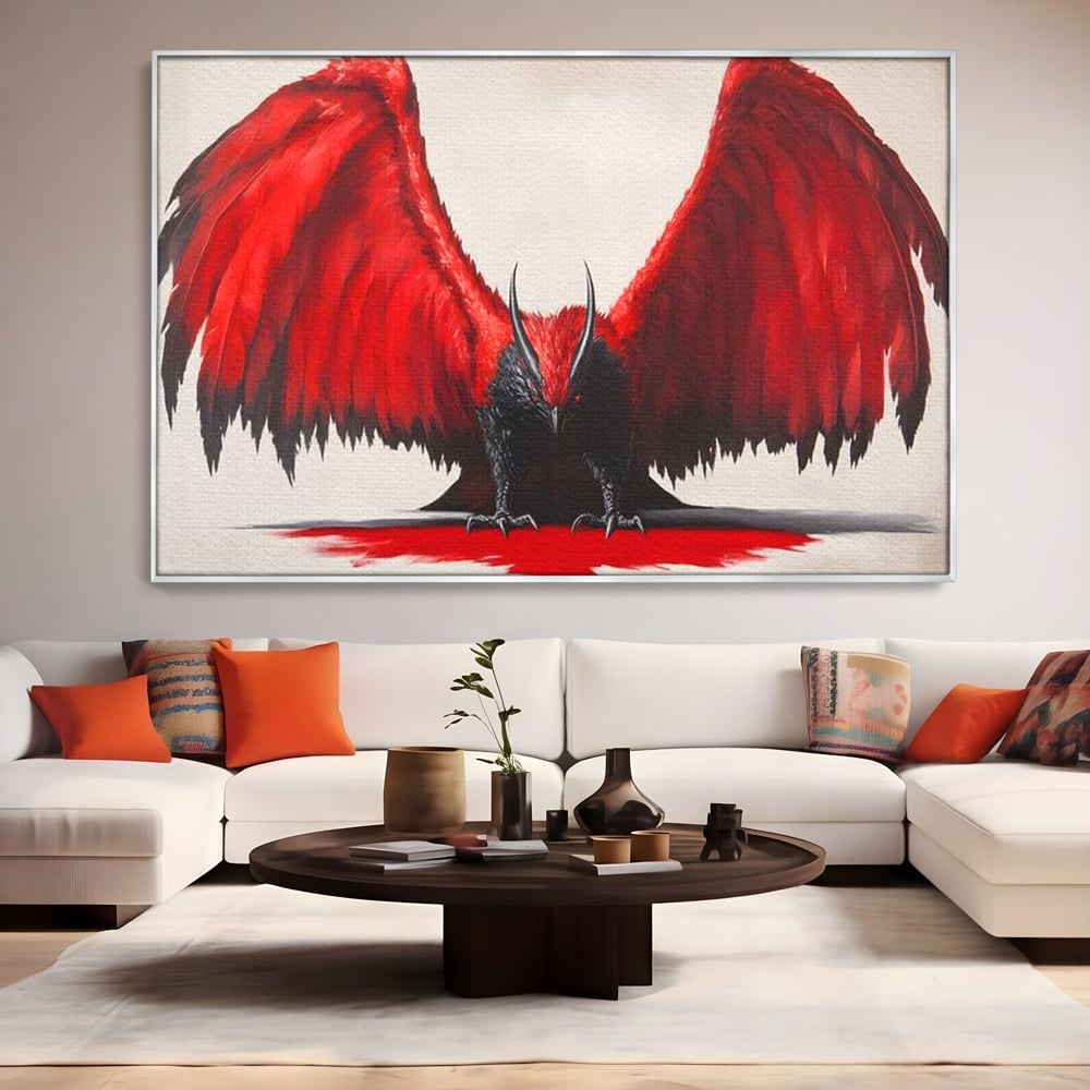 Tablou canvas cu tablou canvas cu pasare fantastica rosu cu negru, in rama de aluminiu argintiu, pe perete intr-un living